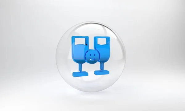 蓝色朋友喝酒精图标分离灰色背景 玻璃圆形按钮 3D渲染说明 — 图库照片