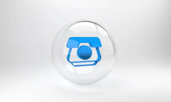 グレーの背景に隔離されたブルーの電話機のアイコン 電話のサインだ ガラス丸ボタン 3Dレンダリング図 — ストック写真