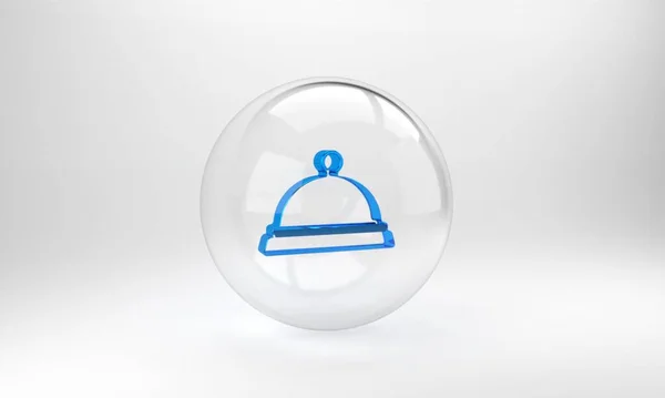 蓝色被一盘子的食物图标遮掩在灰色的背景上 托盘和盖子标志 有盖子的餐厅面团 玻璃圆形按钮 3D渲染说明 — 图库照片