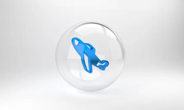 蓝色玩具平面图标孤立在灰色背景 飞行的飞机图标 航空公司的标志 玻璃圆形按钮 3D渲染说明 — 图库照片