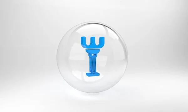 灰色の背景に隔離された青い熊手のおもちゃのアイコン ビーチゲームのための子供のおもちゃ ガラス丸ボタン 3Dレンダリング図 — ストック写真
