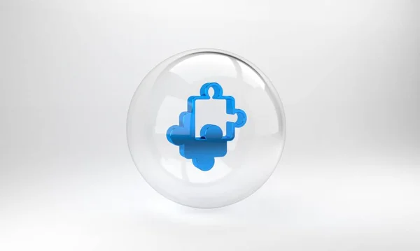 蓝色拼图玩具图标孤立在灰色背景 玻璃圆形按钮 3D渲染说明 — 图库照片