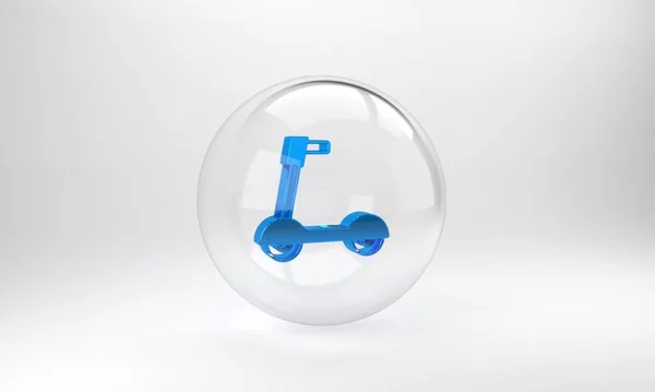 蓝色滑板车儿童图标隔离在灰色背景 踢滑板车或平衡自行车 玻璃圆形按钮 3D渲染说明 — 图库照片