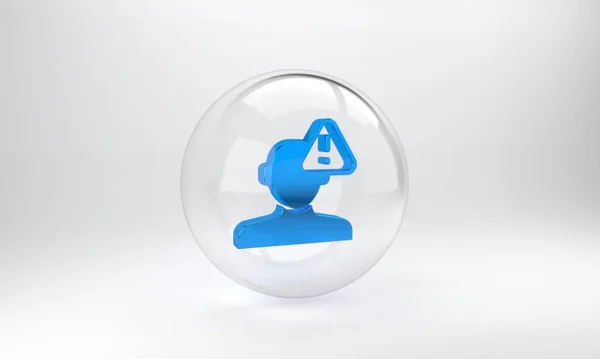 蓝色在灰色背景下孤立的心理学图标中发现了一个问题 玻璃圆形按钮 3D渲染说明 — 图库照片