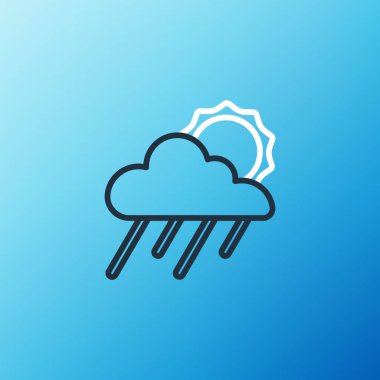Yağmur ve güneş ikonuna sahip çizgi bulutu mavi arka planda izole edildi. Yağmur damlaları ile yağmur bulutu yağışı. Renkli taslak konsepti. Vektör.