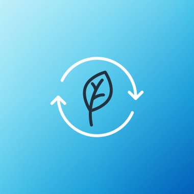 Mavi arkaplanda yaprak simgesi olan çizgi geri dönüşüm sembolü. Dairesel ok simgesi. Çevre geri dönüşümü yeşile döner. Renkli taslak konsepti. Vektör.