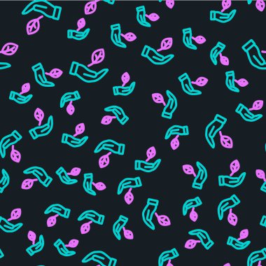 Çizgi El, bitki simgesinin bir yaprağını siyah arkaplanda izole edilmiş şekilde tut. Doğayı koru. Yaprak, çevre korumasıyla çekiliyor. Vektör.