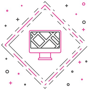 Çizgi bilgisayar monitörü ve katlanmış harita beyaz arkaplanda izole edilmiş konum imleci simgesi ile. Renkli taslak konsepti. Vektör.