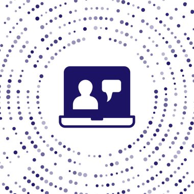 Mavi Çevrimiçi Eğitim ve mezuniyet ikonu beyaz arka planda izole edildi. İnternetteki öğretmen monitörde. Giyinme ve video semineri öğrenme. Soyut çember rastgele noktalar. Vektör.