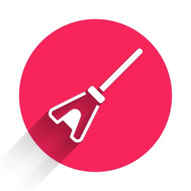 Beyaz Paspas simgesi uzun gölgeli izole edilmiş. Temizlik hizmeti konsepti. Kırmızı daire düğmesi. Vektör.