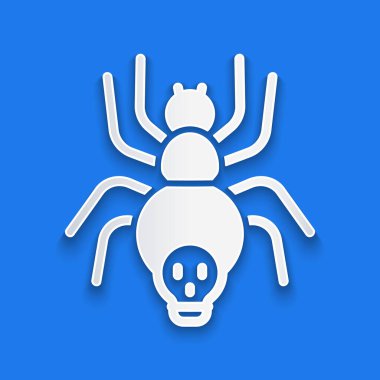 Kağıt kesiği, mavi arka planda izole edilmiş zehirli örümcek ikonu. Mutlu Cadılar Bayramı Partisi. Kağıt sanatı tarzı. Vektör.