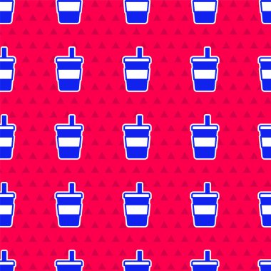 Saman ve su ikonu içen mavi kağıt bardak kırmızı arka planda izole edilmiş. Soda bardağı. Taze soğuk içecek sembolü. Vektör.