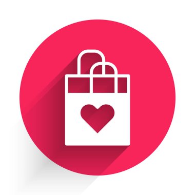 Kalp ikonuna sahip beyaz alışveriş torbası uzun gölgeli arka plan. Alışveriş torbası sevgisi kalp ikonu gibidir. Sevgililer günün kutlu olsun. Kırmızı daire düğmesi. Vektör.