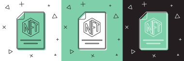 NFT sözleşme simgesini beyaz ve yeşil, siyah arkaplanda izole et. Para iadesi olmayan jeton. Dijital kripto sanat konsepti. Vektör.