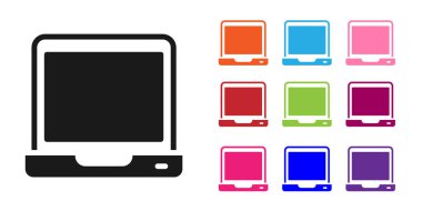 Beyaz arkaplanda siyah dizüstü bilgisayar simgesi izole edildi. Boş ekran işaretli bilgisayar defteri. Simgeleri renklendirin. Vektör.