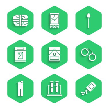 Sigara kutusu test tüpü ve matara ilaç şişesi haplarını ayarlayın. Kelepçeler hafif afyon haşhaşı ve kokain ikonlu paket. Vektör.