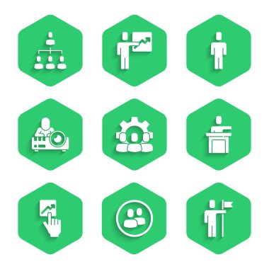 Proje Üs Takım Lideri Medya Projektörü Baş Avcısı ve Hiyerarşi organizogram çizelgesi simgesini ayarla. Vektör.