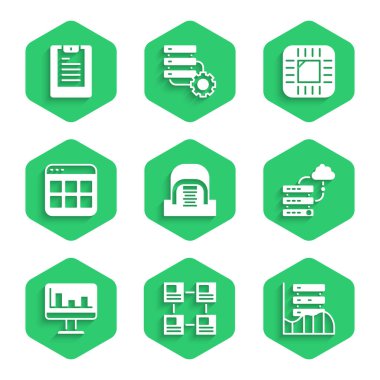 Hiyerarşi organizogram grafiği sunucusu Veri Web Sunucusu Ağ bağlantısı Monitörü grafik tarayıcı dosyaları işlemcisi CPU ile Hangar 'ı ayarla ve simge raporla. Vektör.