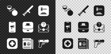 Ball 'u zincire vurulmuş polis copu yargıç tokmağı hastane levhası haber tabancası ya da silah protestosu ve oy sandığı ikonu yap. Vektör.