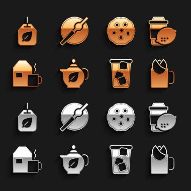 Çaydanlığı çay limonlu buzlu kurabiye ya da bisküvi poşeti ve sigara ikonuyla hazırla. Vektör.