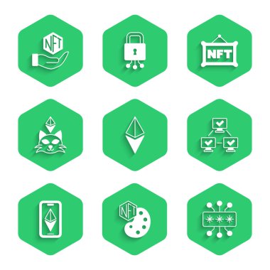 Ethereum ETH NFT Dijital Şifreleme Sanatı Siber güvenlik engelleme teknolojisi ve simgesini ayarla. Vektör.