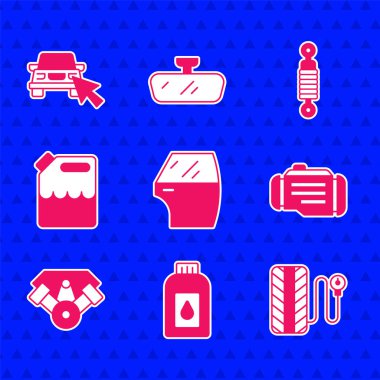 Araba kapısı kutusunu motor yağı, lastik basıncı göstergesi, motor gücü, benzin, şok emici ve çevrimiçi paylaşım simgesi için ayarla. Vektör.