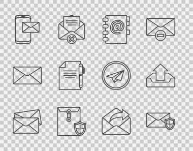 Kalkan Adres Defteri Mobil ve Zarf Belgesi Giden Kalem postası ve Gelen Kutusu simgesiyle Zarfı ayarla. Vektör.