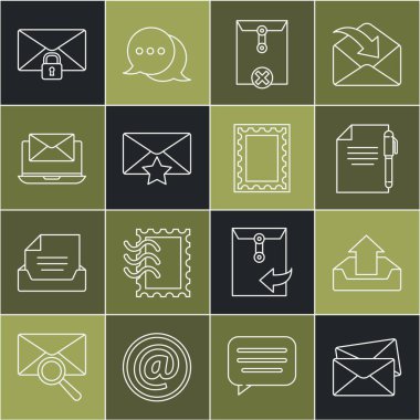 Satır Envelope Gönderen Kutusu Belgesini ayarla ve yıldız dizüstü bilgisayarlı posta iletisi kilidi parolası ve posta pulu simgesi içeren zarfı sil. Vektör.