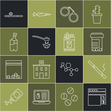 İnternet üzerinden uyuşturucu satın almak, esrar piposu içmek ve sigara paketi ikonu açmak için eroin ve kelepçe kaşığı nargile almak. Vektör.