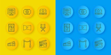 3D sinema gözlüğü CD disk ödülü çerçevesi Online playplay video film alkışcısı yönetmen sandalye monitörü HD dizüstü bilgisayar yıldızı ve Cinema bilet ikonu ile ayarla. Vektör.