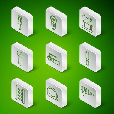 Elektrikli matkap, Rulet, inşaat, boya, fırça, metal boru anahtarı, anahtarlar, tahta, merdiven ve Rasp dosya simgesini ayarla. Vektör.