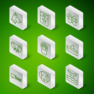 Balina kuyruğunu okyanus dalgasına yerleştir Köpek başlı Paw baskı Fil torbası timsah ve köpekbalığı yüzgeci ikonu. Vektör.