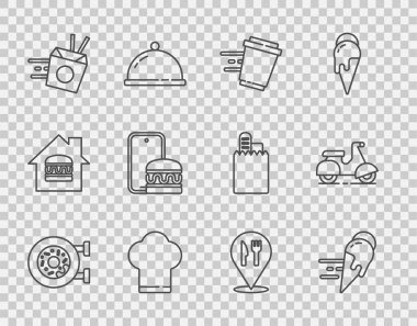 Donut Online 'ı ayarla. Şef şapkalı erişte teslimatı, kafe restoranı ve Scooter ikonu için dondurma siparişi ver. Vektör.