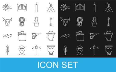 Bateri Davulu Çapraz Oklar Dinamit Bombası Buffalo Kafatası Mahmuzu ve Kaktüs Peyote saksı ikonlu Rüya Avcısı. Vektör.