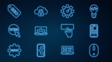 Satır Satırı Bilgisayar faresi Mobil Uygulamaları Web Sitesi istatistik geliştirme ve grafik tasarım SEO optimizasyon Klavye ve Bulut bilgisayar kilidi ikonu ayarlayın. Vektör.