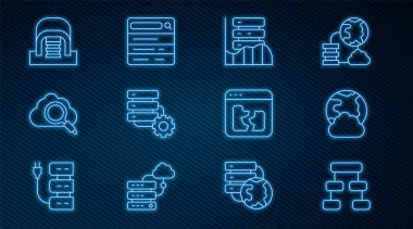 Hiyerarşi organizogram çizelgesi Sosyal Ağ Sunucusu Veri Sunucusu Web Ev Sahipliği ve Arama Bulut Bilgisayarları Hangarı 'nı sunucuları kırık dosya ve motor simgesi ile ayarla. Vektör.