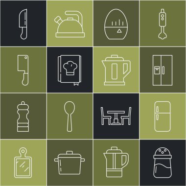 Tuz Buzdolabı Mutfağı zaman ayarlı yemek kitabı et bıçağı ve elektrikli su ısıtıcısı ikonu. Vektör.