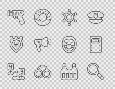 Suç mahalli büyüteç çizgisini Hexagram Şerifi Kelepçe Polis elektrik şoku megafonu kurşun geçirmez yelek ve saldırı kalkanı ikonu ile işaretleyin. Vektör.