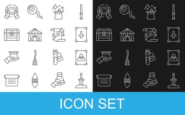 Sihirli Antik Sihir Kitabı 'na çizgi kılıcını yerleştir. Sirk çadırına, antik hazine sandığı koluna ve ikona. Vektör.