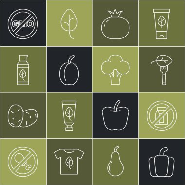 Bell biberi. Süt, vejetaryen gıda diyeti, domates, organik meyve, kozmetik, GDO ve Brokoli ikonu yok. Vektör.