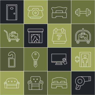 Saç kurutma makinesi, Lift Hotel bagaj arabası, yatak odası, şömine, valiz kapısı ve rezervasyon takvimi ikonu. Vektör.