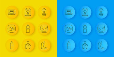 Sırayı belirle boks torbasını boks eldiveni fitness sallama spor ayakkabısı başlık yüzüğü Dumbbell ve ikon. Vektör.