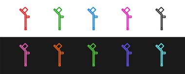 Siyah ve beyaz arkaplanda izole edilmiş çizgi veya koltuk değnekleri simgesi ayarla. Kas iskeleti hastalığı olan insanların rehabilitasyonu için gerekli ekipman. Vektör.