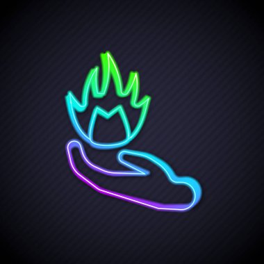 Parlayan neon çizgisi. El, siyah arka planda izole edilmiş bir ateş ikonu tutuyor. Vektör.