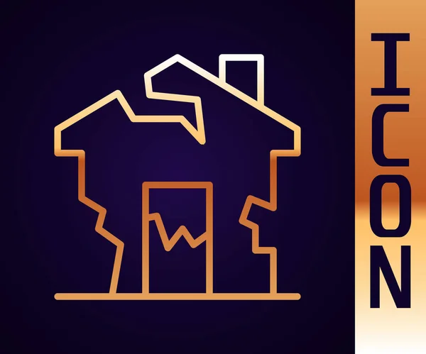 Gold Line Ruined House Icon Isolated Black Background Broken House — Stock vektor