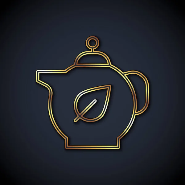 Золотая Линия Чайник Листом Значок Изолирован Черном Фоне Вектор — стоковый вектор