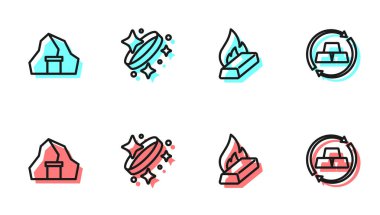 Erimiş altın hattı altın madeni dökülüyor ve para ikonu bozduruluyor. Vektör.