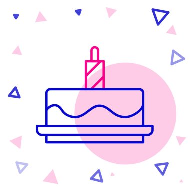 Beyaz arkaplanda yanan mum simgesine sahip Çizgi Keki. Doğum günün kutlu olsun. Renkli taslak konsepti. Vektör.