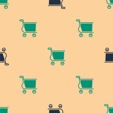 Yeşil ve siyah alışveriş arabası ikonu bej arka planda izole edilmiş pürüzsüz desen. İnternetten satın alma konsepti. Servis tabelası. Süpermarket sepeti sembolü. Vektör.