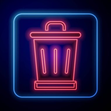 Parlayan neon çöp kutusu simgesi siyah arkaplanda izole edildi. Çöp kutusu tabelası. Sepet simgesini geri dönüştür. Ofis çöpü ikonu. Vektör.